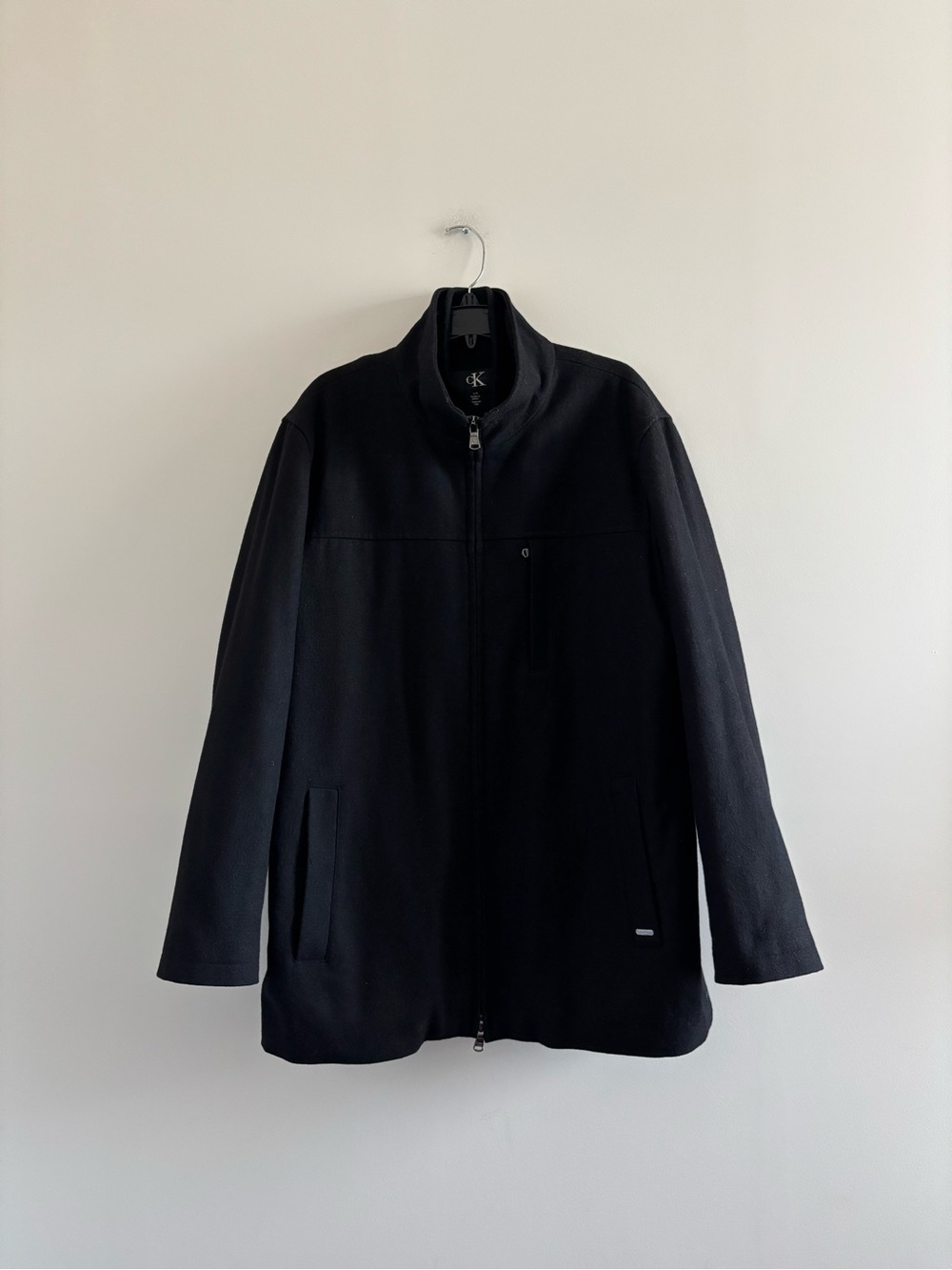 Calvin Klein Coat Wool Blend Black Jacket Full Zip Quilted Mens L Classic Preppy